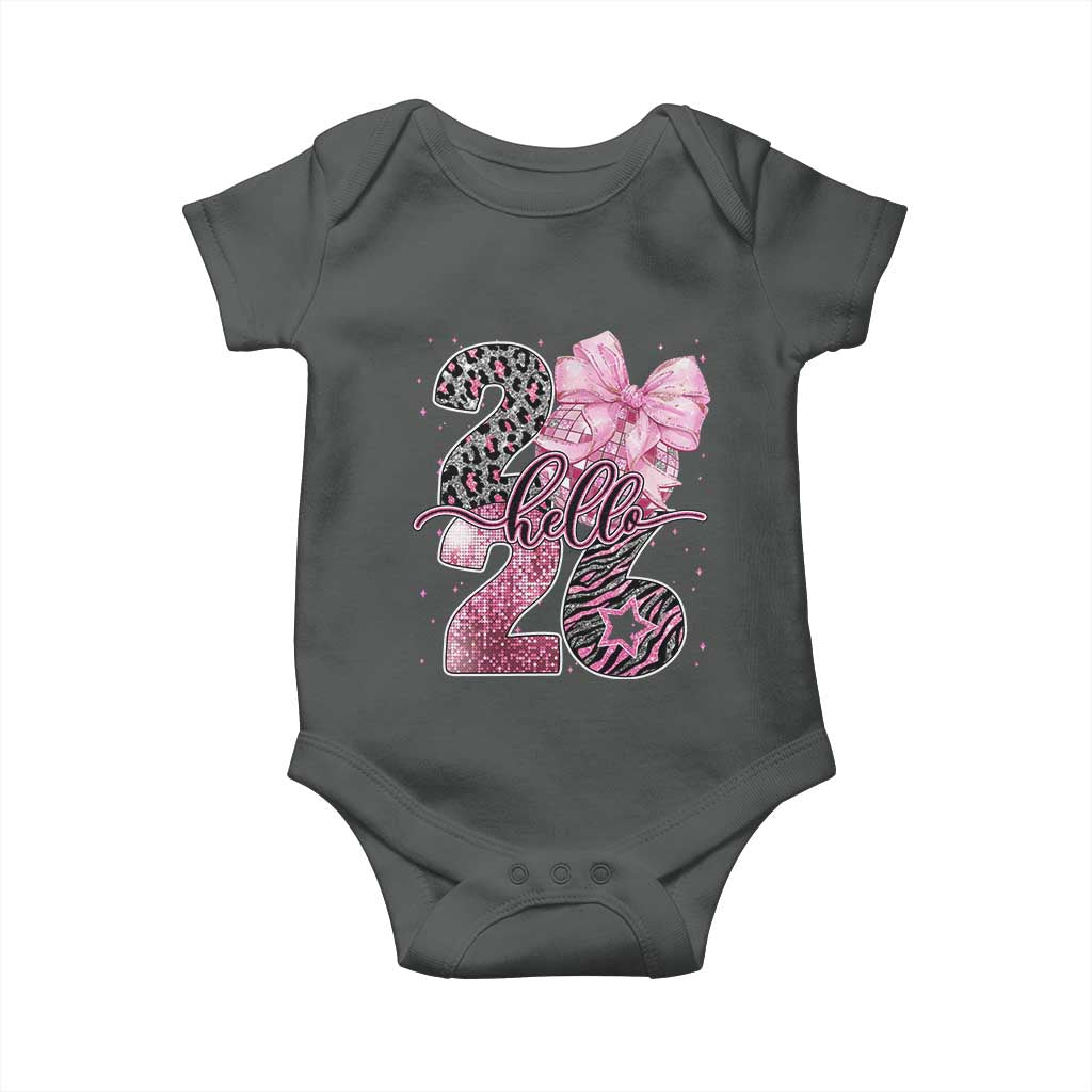 Happy New Year 2026 Baby Onesie Hello 2026 Disco Ball Pink Coquette Bow Faux Glitter TS11 Dark Heather Print Your Wear