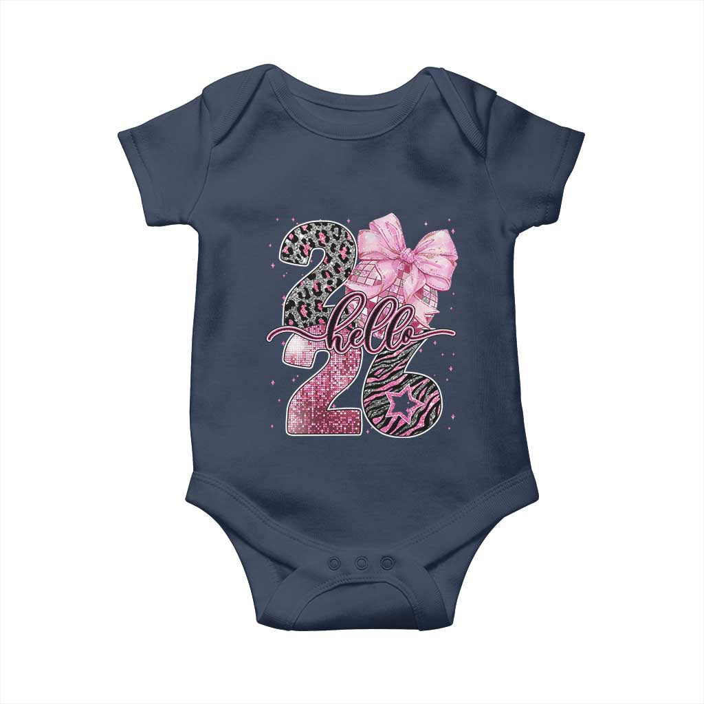 Happy New Year 2026 Baby Onesie Hello 2026 Disco Ball Pink Coquette Bow Faux Glitter TS11 Navy Print Your Wear