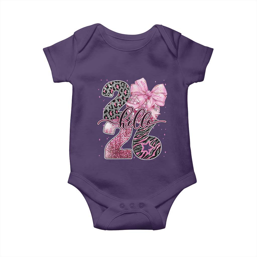 Happy New Year 2026 Baby Onesie Hello 2026 Disco Ball Pink Coquette Bow Faux Glitter TS11 Purple Print Your Wear