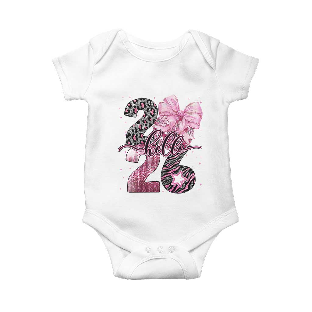 Happy New Year 2026 Baby Onesie Hello 2026 Disco Ball Pink Coquette Bow Faux Glitter TS11 White Print Your Wear