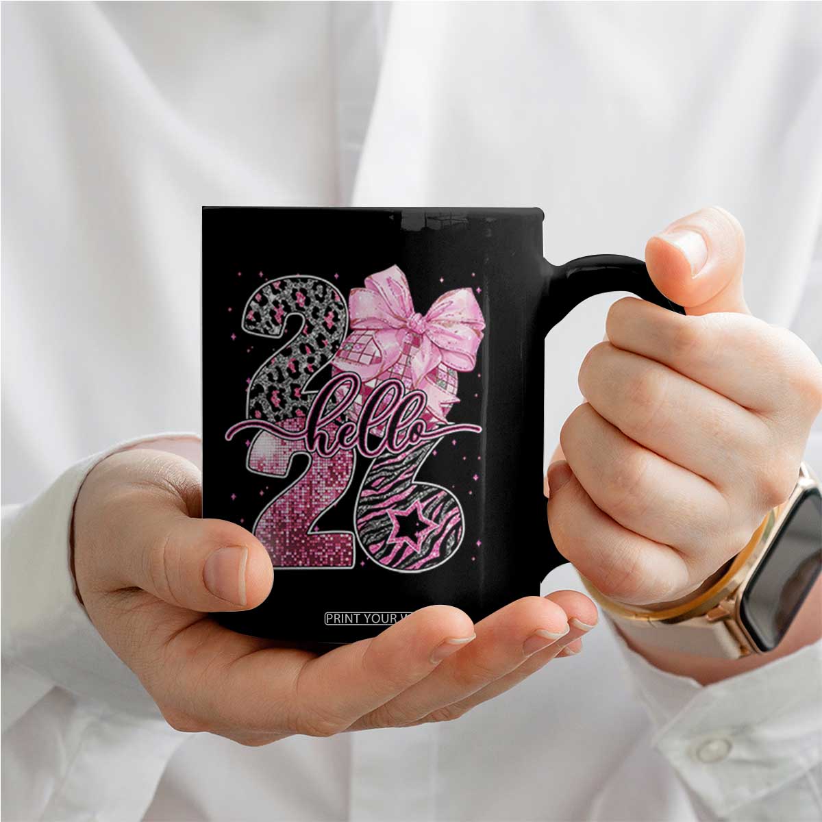 Happy New Year 2026 Coffee Mug Hello 2026 Disco Ball Pink Coquette Bow Faux Glitter TS11 Print Your Wear