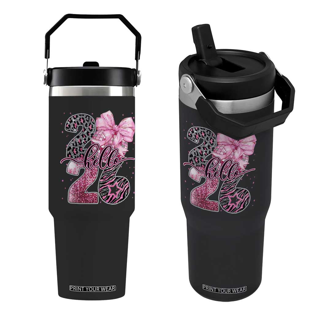 Happy New Year 2026 Flip Straw Tumbler Hello 2026 Disco Ball Pink Coquette Bow Faux Glitter TS11 One Size: 30 oz Black Print Your Wear