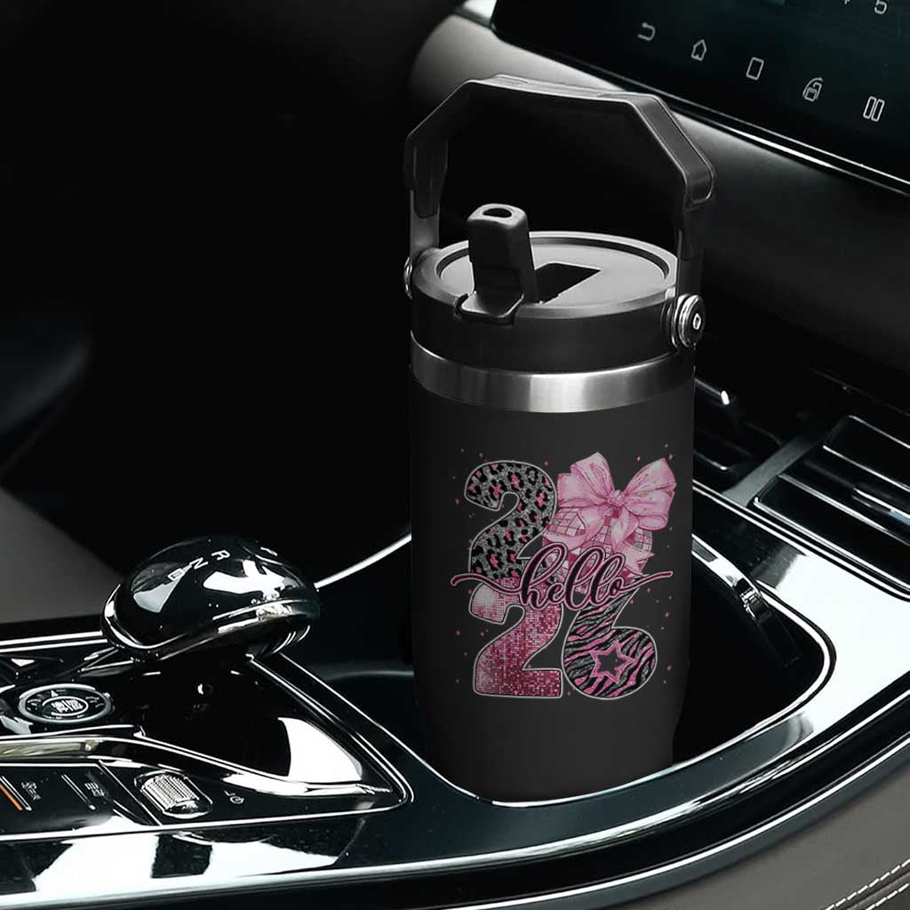 Happy New Year 2026 Flip Straw Tumbler Hello 2026 Disco Ball Pink Coquette Bow Faux Glitter TS11 Print Your Wear