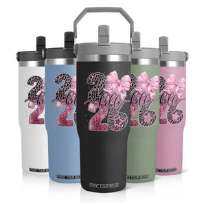 Happy New Year 2026 Flip Straw Tumbler Hello 2026 Disco Ball Pink Coquette Bow Faux Glitter TS11 Print Your Wear