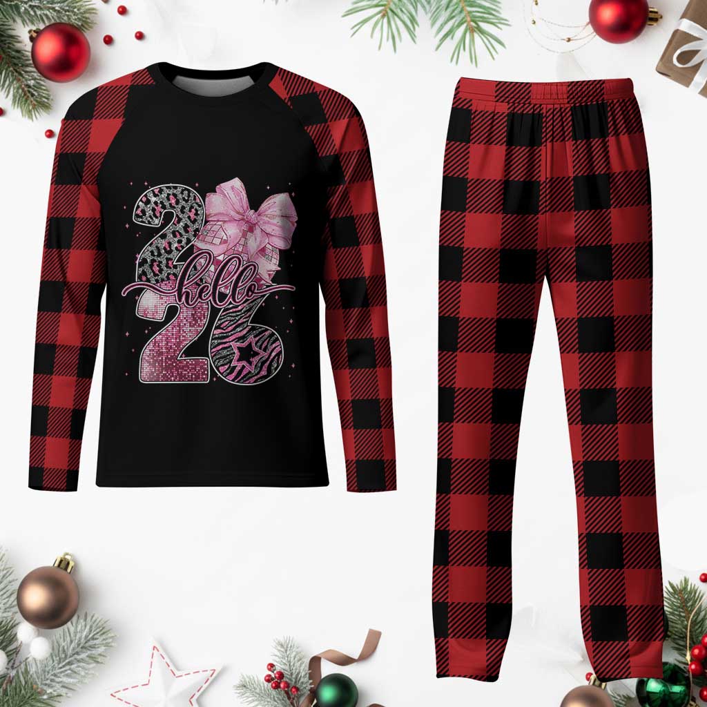 Happy New Year 2026 Plaid Pajama Set Hello 2026 Disco Ball Pink Coquette Bow Faux Glitter TS11 Buffalo Plaid Print Your Wear