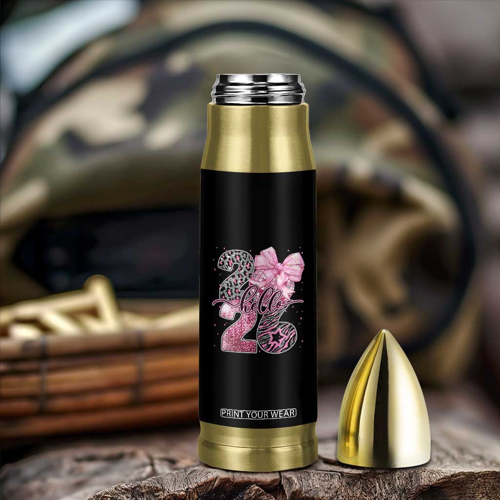 Happy New Year 2026 Bullet Tumbler Hello 2026 Disco Ball Pink Coquette Bow Faux Glitter TS11 Print Your Wear