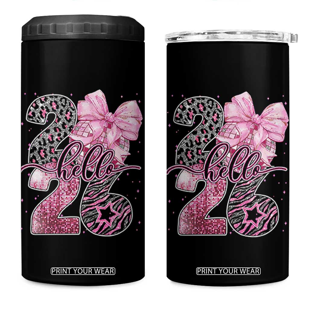 Happy New Year 2026 4 in 1 Can Cooler Tumbler Hello 2026 Disco Ball Pink Coquette Bow Faux Glitter TS11 One Size: 16 oz Black Print Your Wear