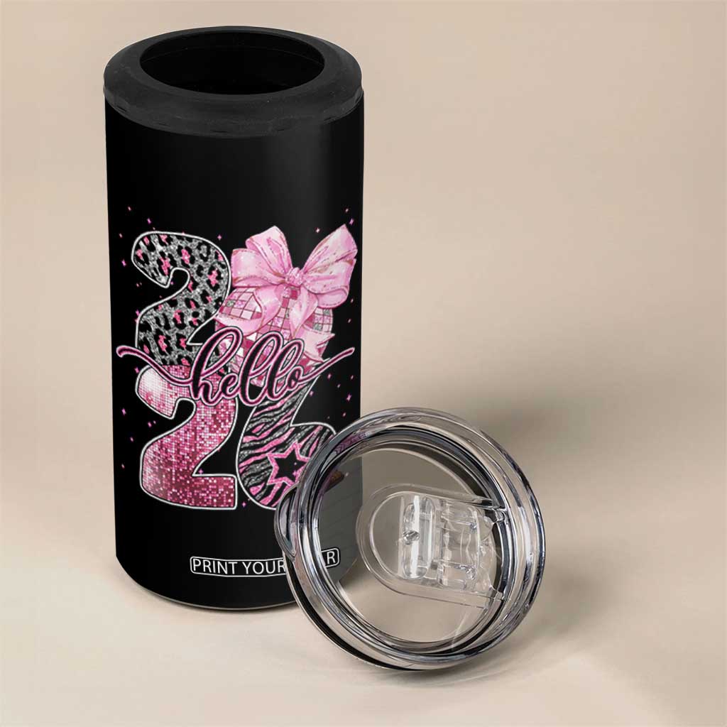 Happy New Year 2026 4 in 1 Can Cooler Tumbler Hello 2026 Disco Ball Pink Coquette Bow Faux Glitter TS11 Print Your Wear