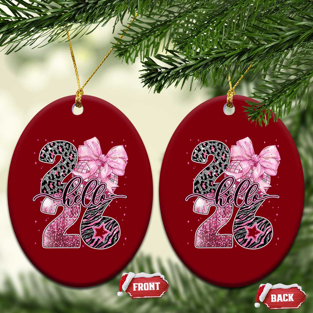 Happy New Year 2026 Ceramic Ornament Hello 2026 Disco Ball Pink Coquette Bow Faux Glitter TS11 Print Your Wear