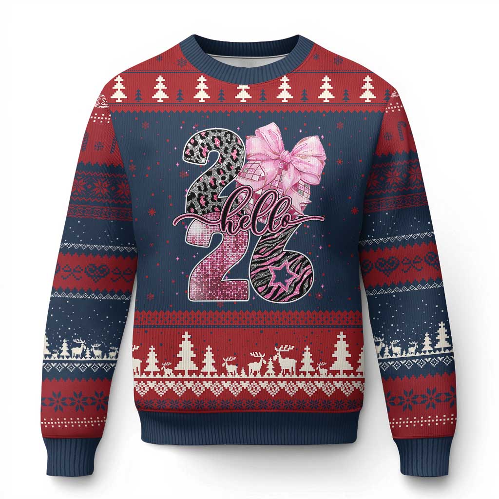 Happy New Year 2026 Ugly Christmas Sweater Hello 2026 Disco Ball Pink Coquette Bow Faux Glitter TS11 Navy Red Print Your Wear