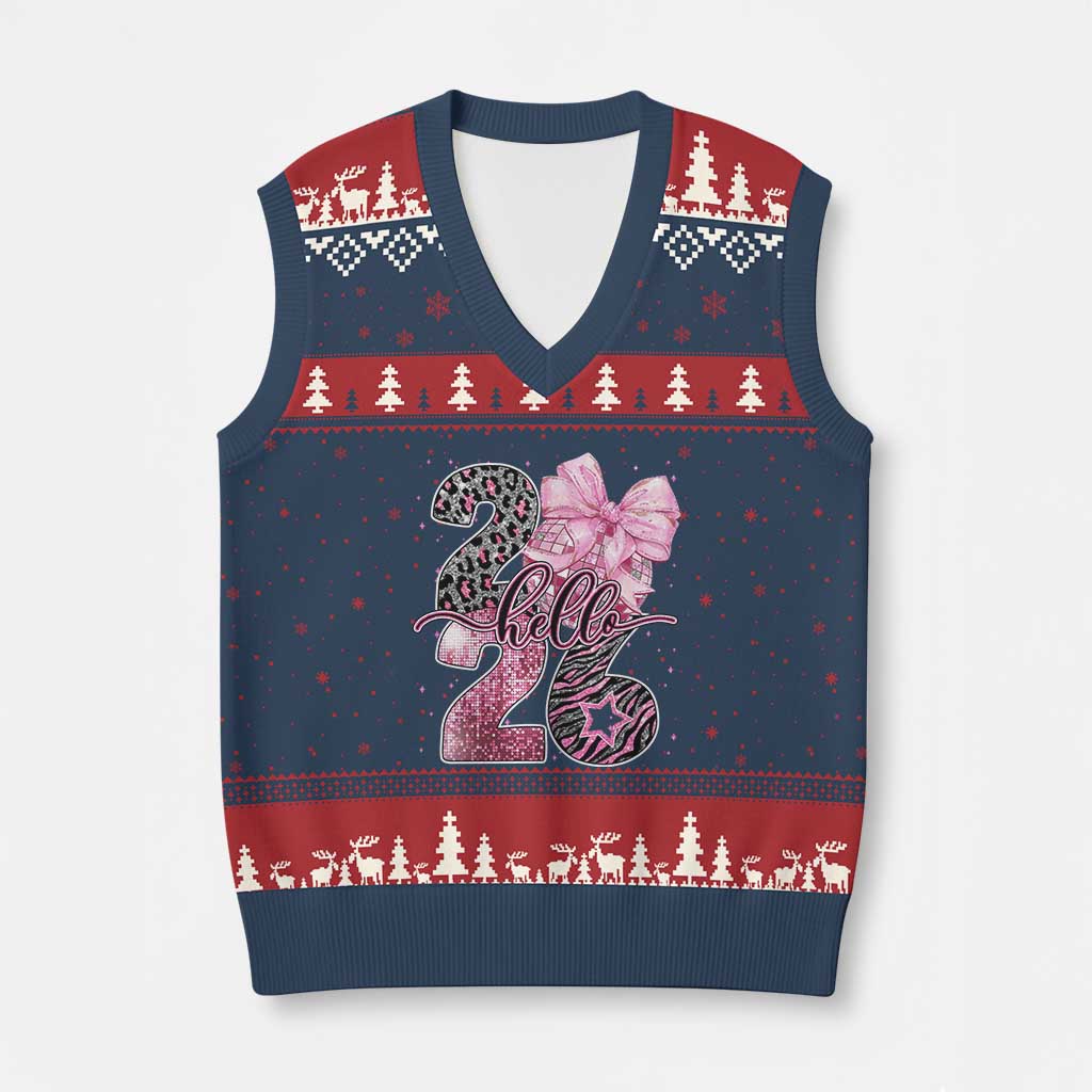 Happy New Year 2026 V-Neck Knit Sweater Vest Hello 2026 Disco Ball Pink Coquette Bow Faux Glitter TS11 Navy Red Print Your Wear
