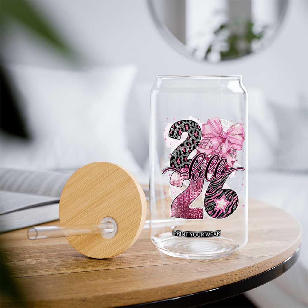 Happy New Year 2026 Glass Can Hello 2026 Disco Ball Pink Coquette Bow Faux Glitter TS11 Print Your Wear