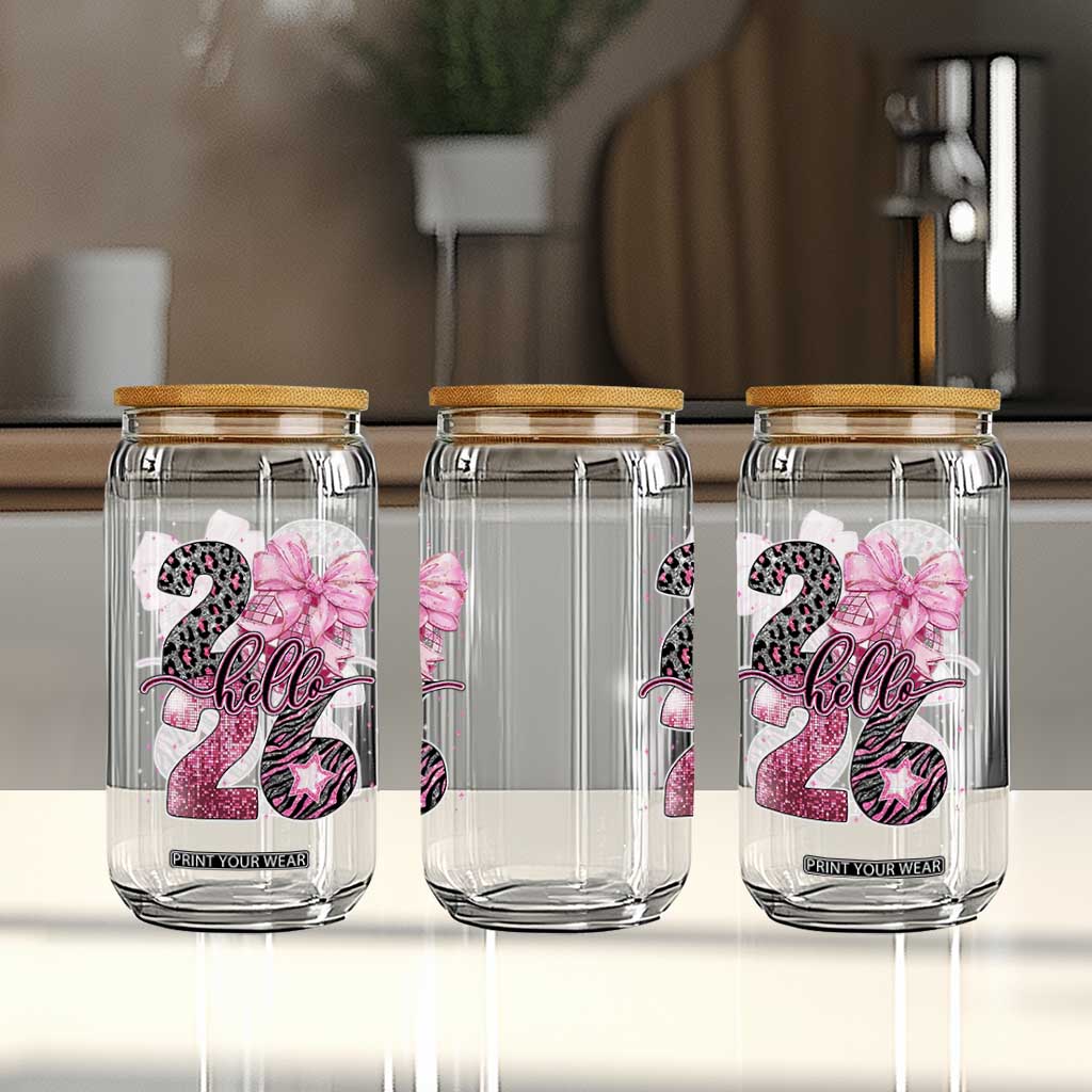 Happy New Year 2026 Glass Can Hello 2026 Disco Ball Pink Coquette Bow Faux Glitter TS11 Print Your Wear