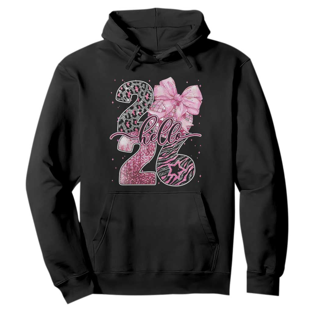 Happy New Year 2026 Hoodie Hello 2026 Disco Ball Pink Coquette Bow Faux Glitter TS11 Black Print Your Wear