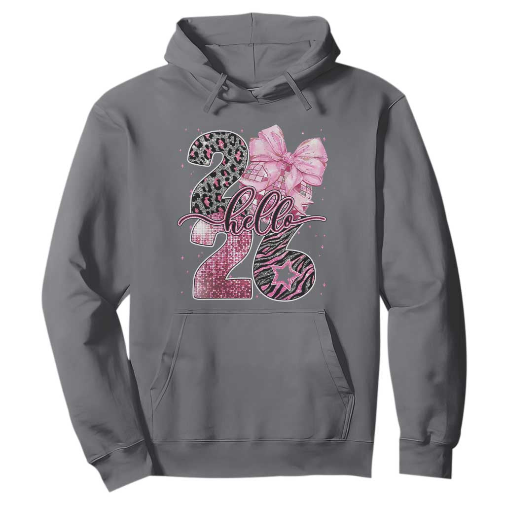 Happy New Year 2026 Hoodie Hello 2026 Disco Ball Pink Coquette Bow Faux Glitter TS11 Charcoal Print Your Wear