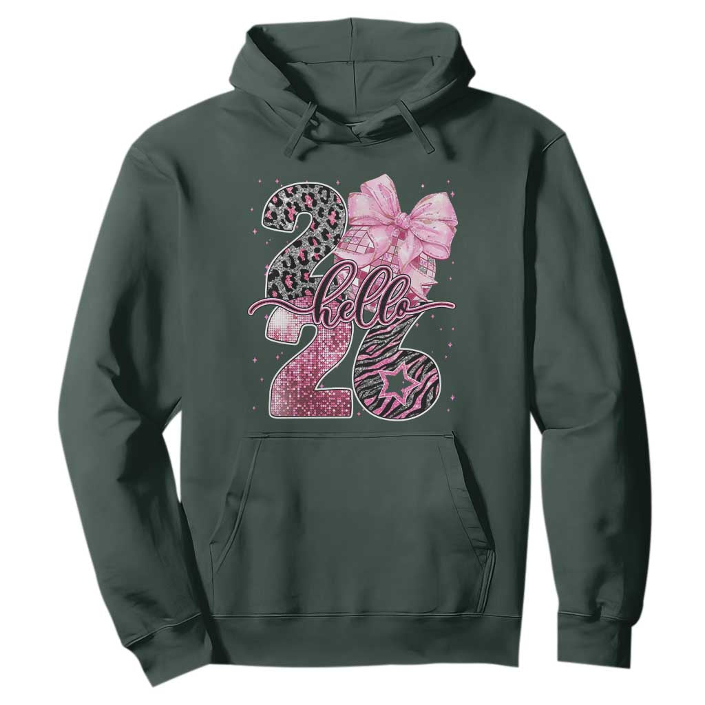 Happy New Year 2026 Hoodie Hello 2026 Disco Ball Pink Coquette Bow Faux Glitter TS11 Dark Forest Green Print Your Wear