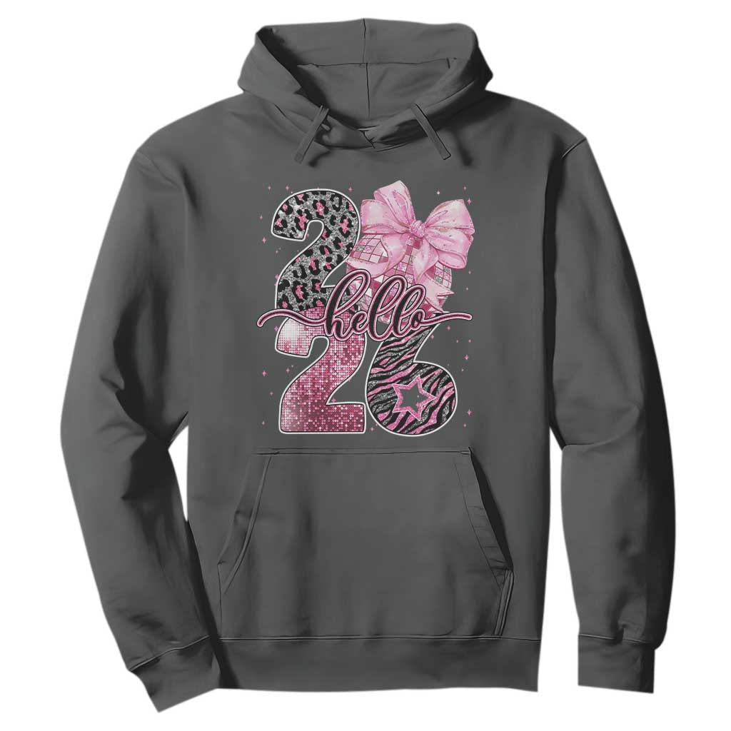 Happy New Year 2026 Hoodie Hello 2026 Disco Ball Pink Coquette Bow Faux Glitter TS11 Dark Heather Print Your Wear