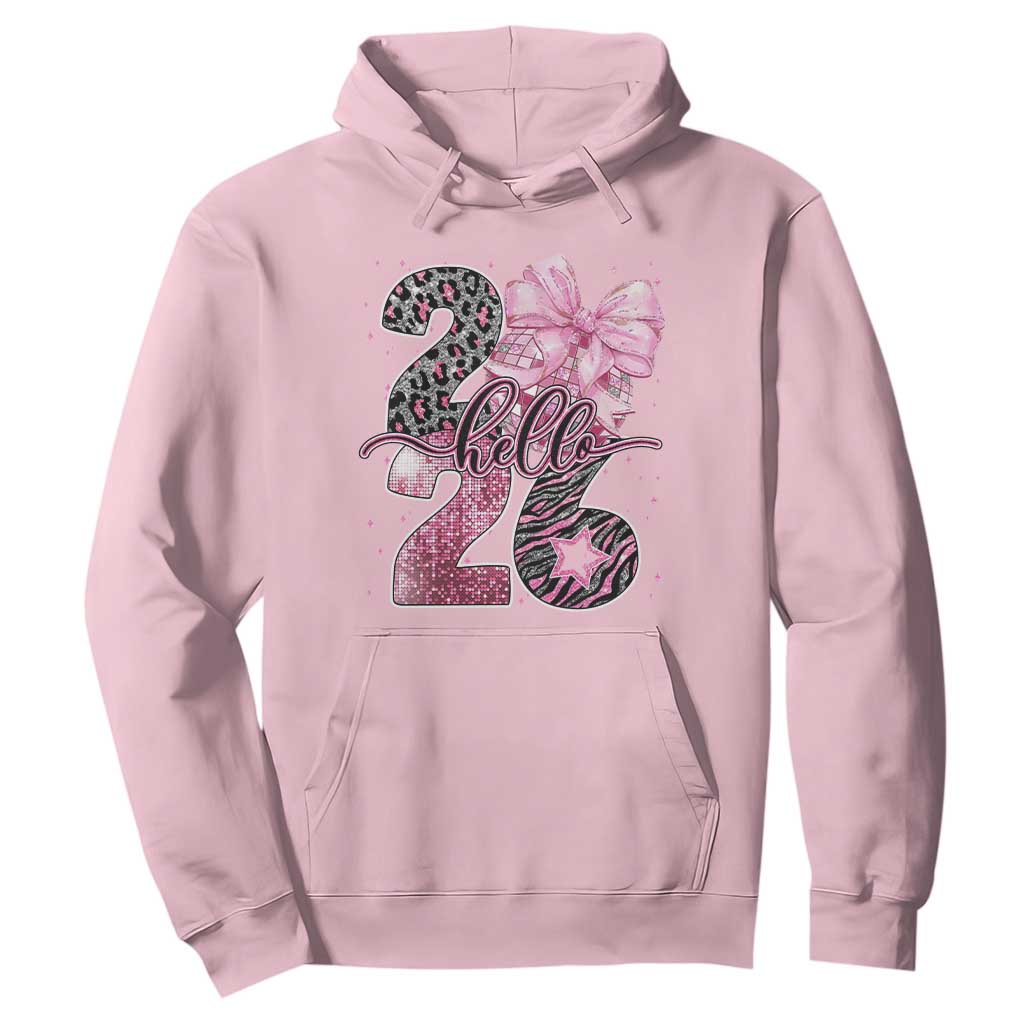 Happy New Year 2026 Hoodie Hello 2026 Disco Ball Pink Coquette Bow Faux Glitter TS11 Light Pink Print Your Wear