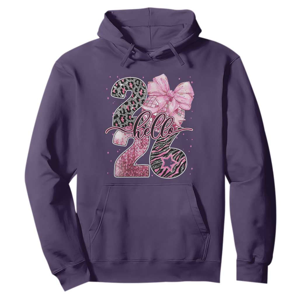 Happy New Year 2026 Hoodie Hello 2026 Disco Ball Pink Coquette Bow Faux Glitter TS11 Purple Print Your Wear