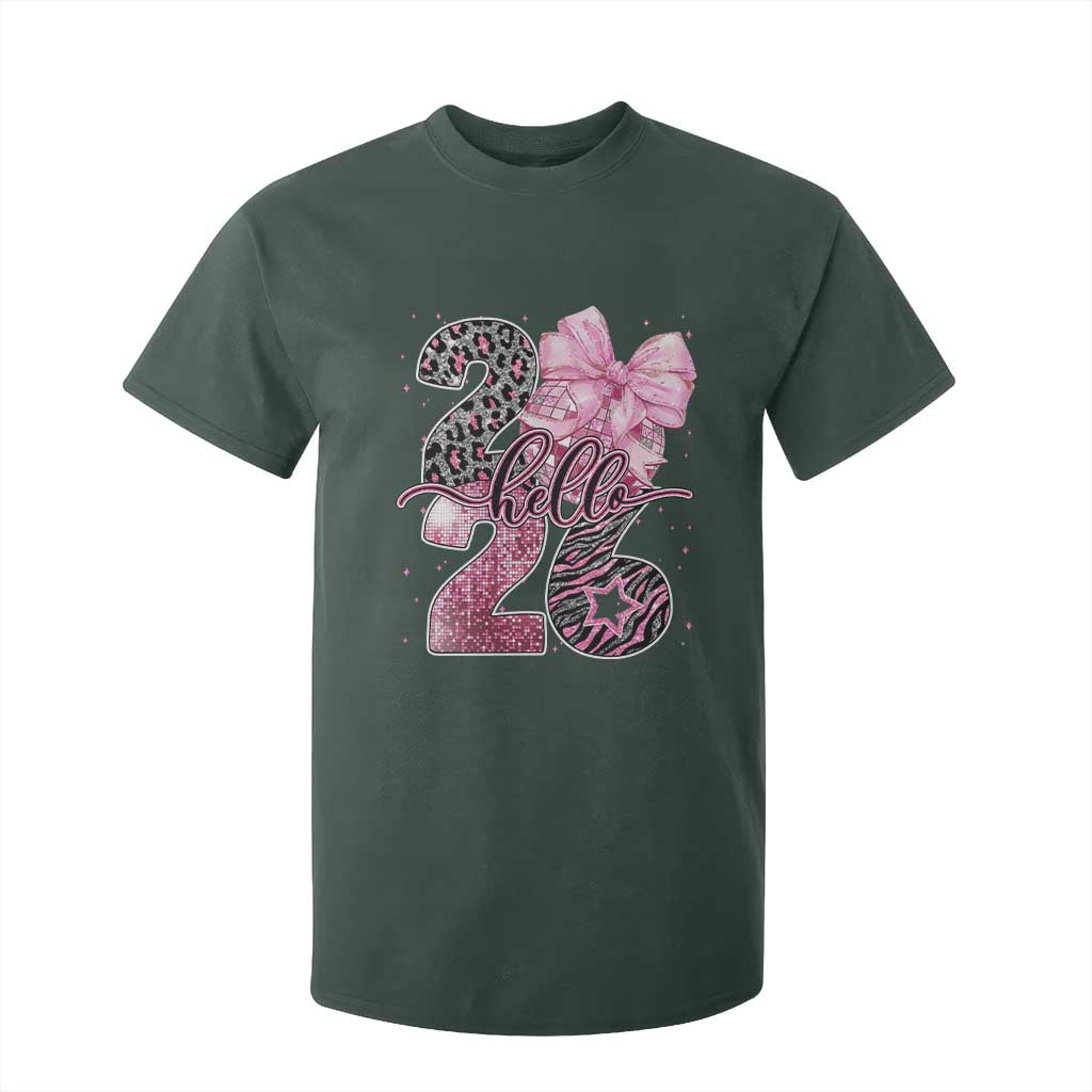 Happy New Year 2026 T Shirt For Kid Hello 2026 Disco Ball Pink Coquette Bow Faux Glitter TS11 Dark Forest Green Print Your Wear