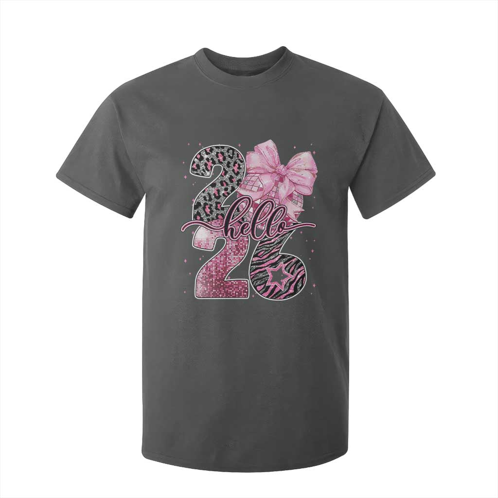 Happy New Year 2026 T Shirt For Kid Hello 2026 Disco Ball Pink Coquette Bow Faux Glitter TS11 Dark Heather Print Your Wear