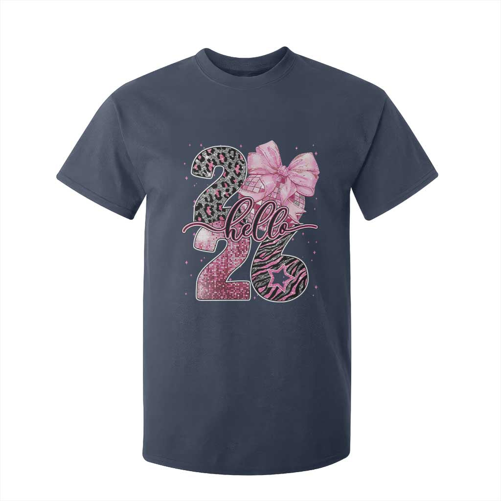 Happy New Year 2026 T Shirt For Kid Hello 2026 Disco Ball Pink Coquette Bow Faux Glitter TS11 Navy Print Your Wear