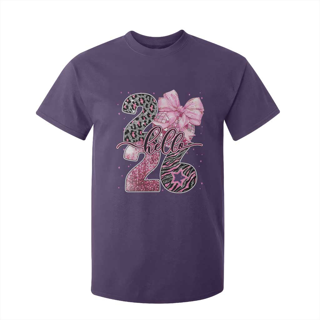 Happy New Year 2026 T Shirt For Kid Hello 2026 Disco Ball Pink Coquette Bow Faux Glitter TS11 Purple Print Your Wear