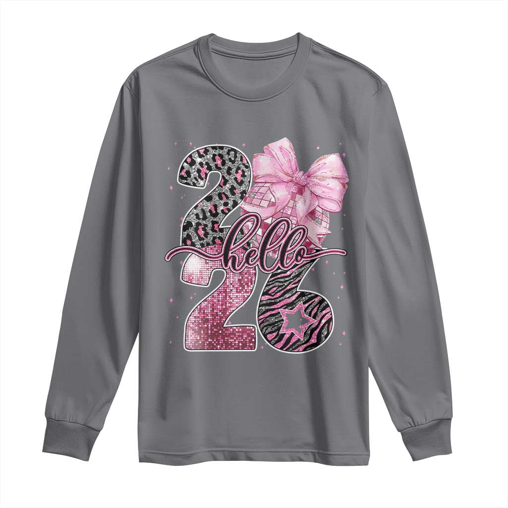 Happy New Year 2026 Long Sleeve Shirt Hello 2026 Disco Ball Pink Coquette Bow Faux Glitter TS11 Charcoal Print Your Wear