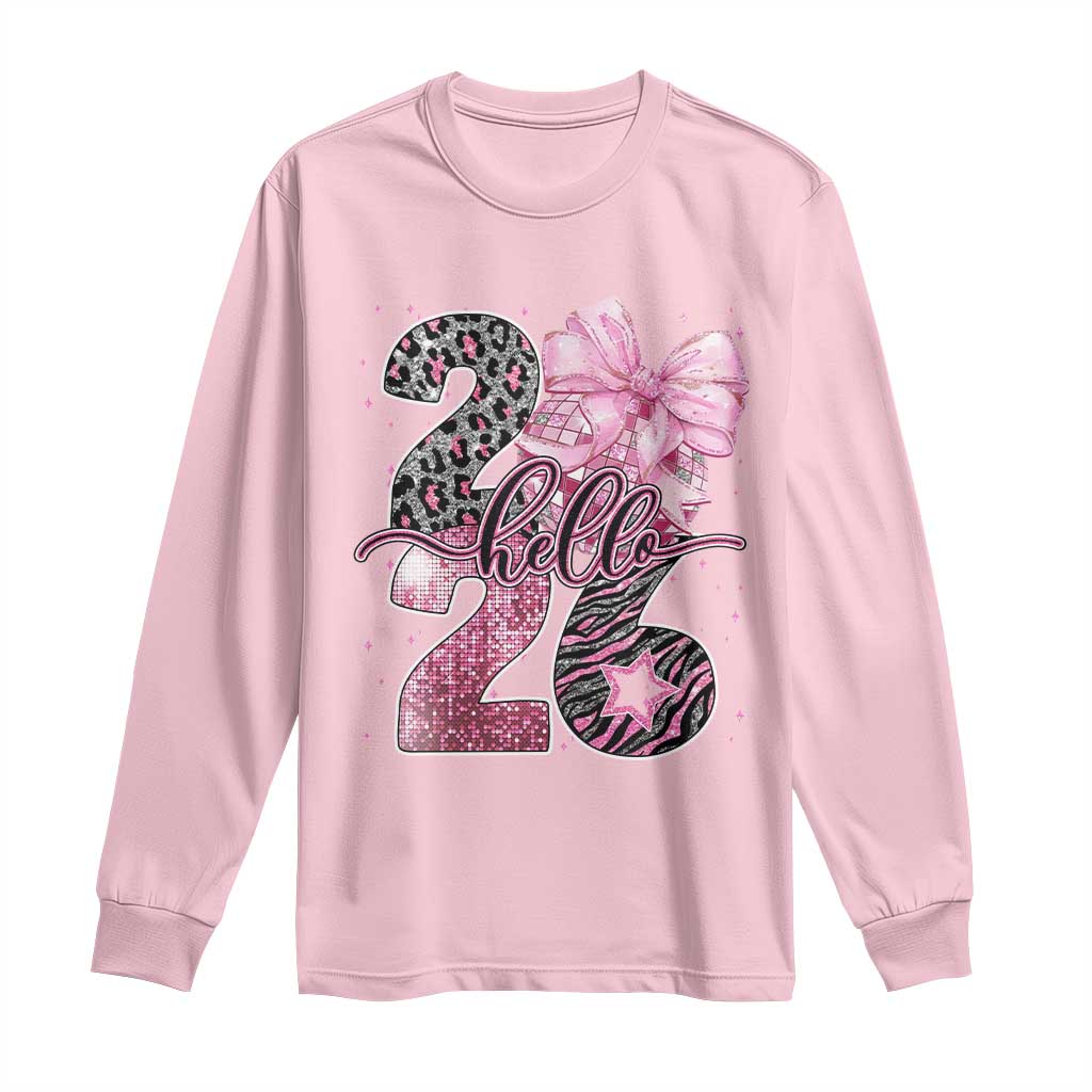 Happy New Year 2026 Long Sleeve Shirt Hello 2026 Disco Ball Pink Coquette Bow Faux Glitter TS11 Light Pink Print Your Wear
