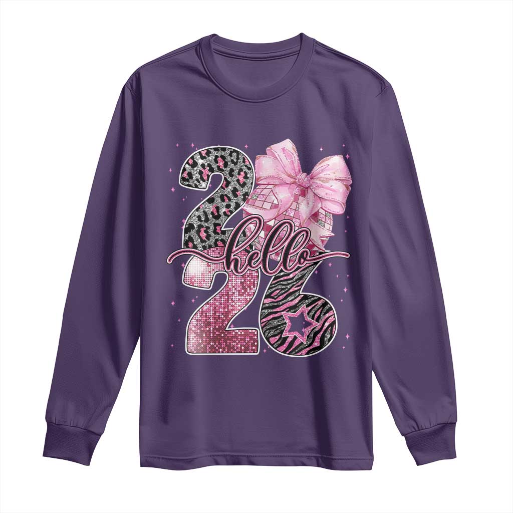 Happy New Year 2026 Long Sleeve Shirt Hello 2026 Disco Ball Pink Coquette Bow Faux Glitter TS11 Purple Print Your Wear