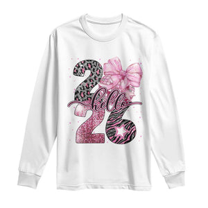 Happy New Year 2026 Long Sleeve Shirt Hello 2026 Disco Ball Pink Coquette Bow Faux Glitter TS11 White Print Your Wear