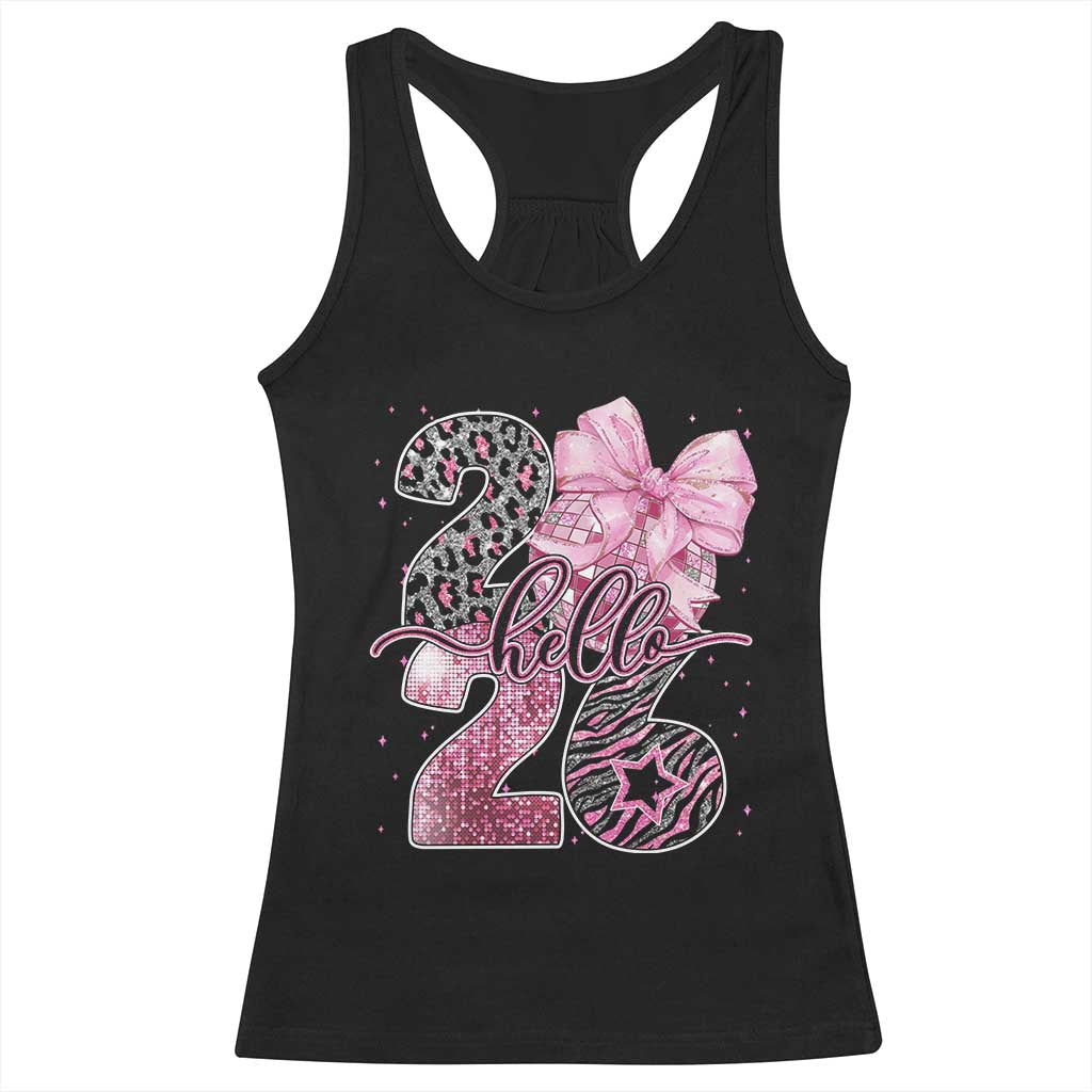 Happy New Year 2026 Racerback Tank Top Hello 2026 Disco Ball Pink Coquette Bow Faux Glitter TS11 Black Print Your Wear