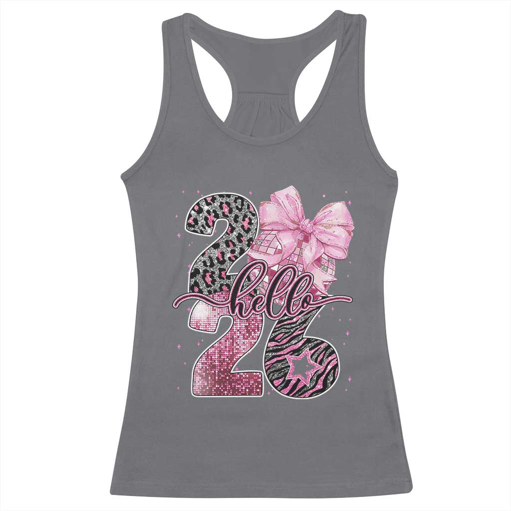 Happy New Year 2026 Racerback Tank Top Hello 2026 Disco Ball Pink Coquette Bow Faux Glitter TS11 Charcoal Print Your Wear