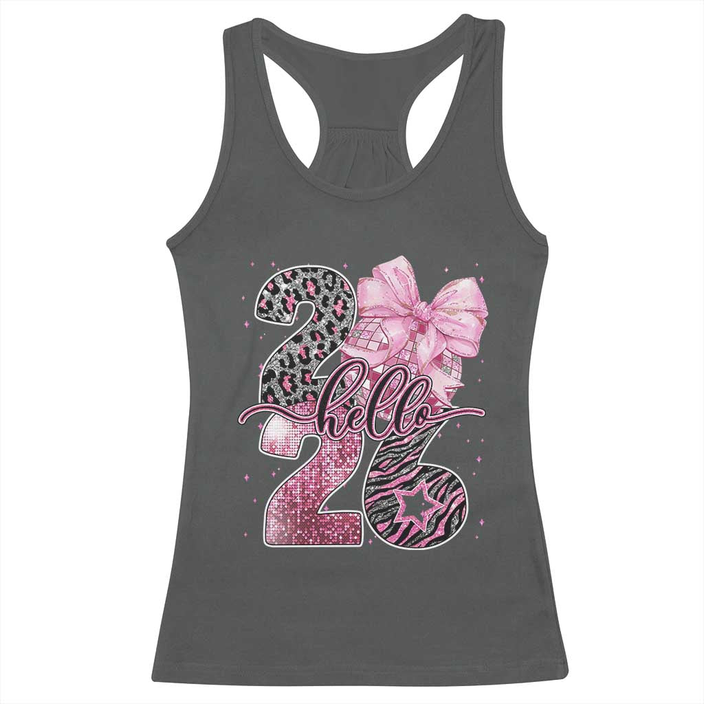 Happy New Year 2026 Racerback Tank Top Hello 2026 Disco Ball Pink Coquette Bow Faux Glitter TS11 Dark Heather Print Your Wear