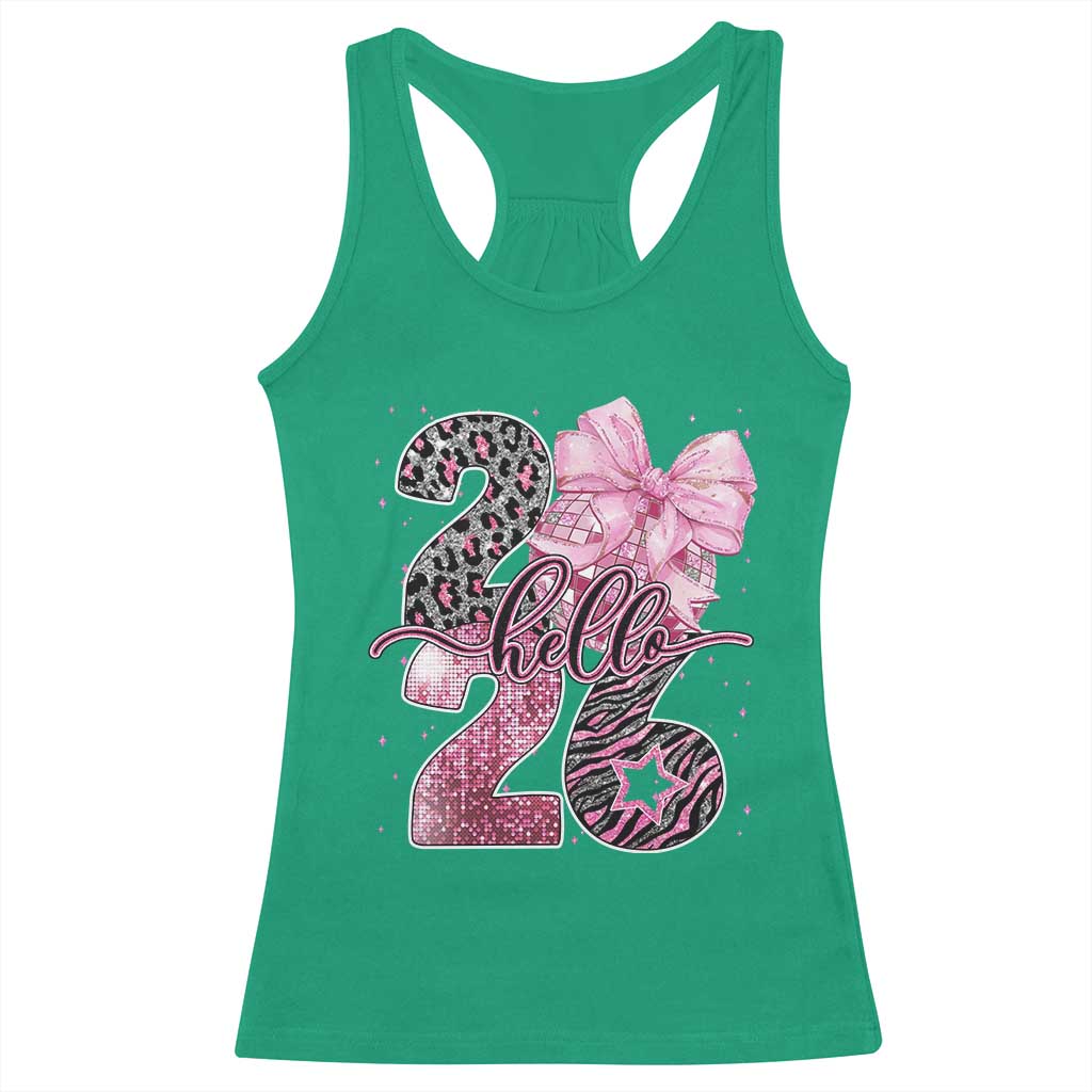 Happy New Year 2026 Racerback Tank Top Hello 2026 Disco Ball Pink Coquette Bow Faux Glitter TS11 Irish Green Print Your Wear