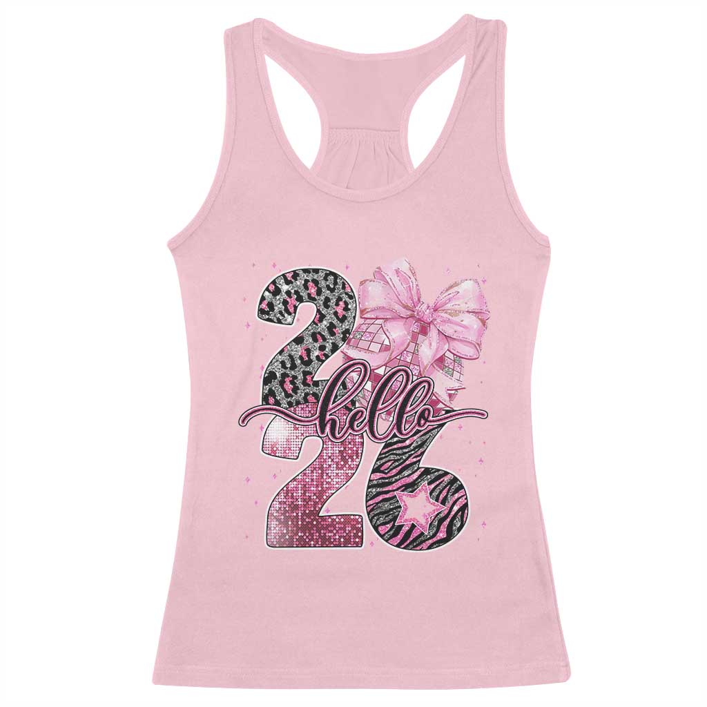 Happy New Year 2026 Racerback Tank Top Hello 2026 Disco Ball Pink Coquette Bow Faux Glitter TS11 Light Pink Print Your Wear