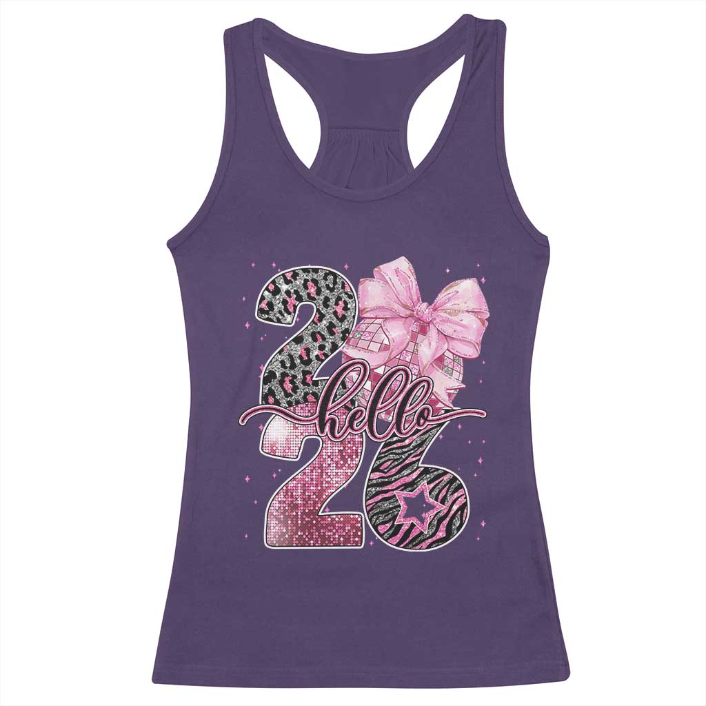 Happy New Year 2026 Racerback Tank Top Hello 2026 Disco Ball Pink Coquette Bow Faux Glitter TS11 Purple Print Your Wear