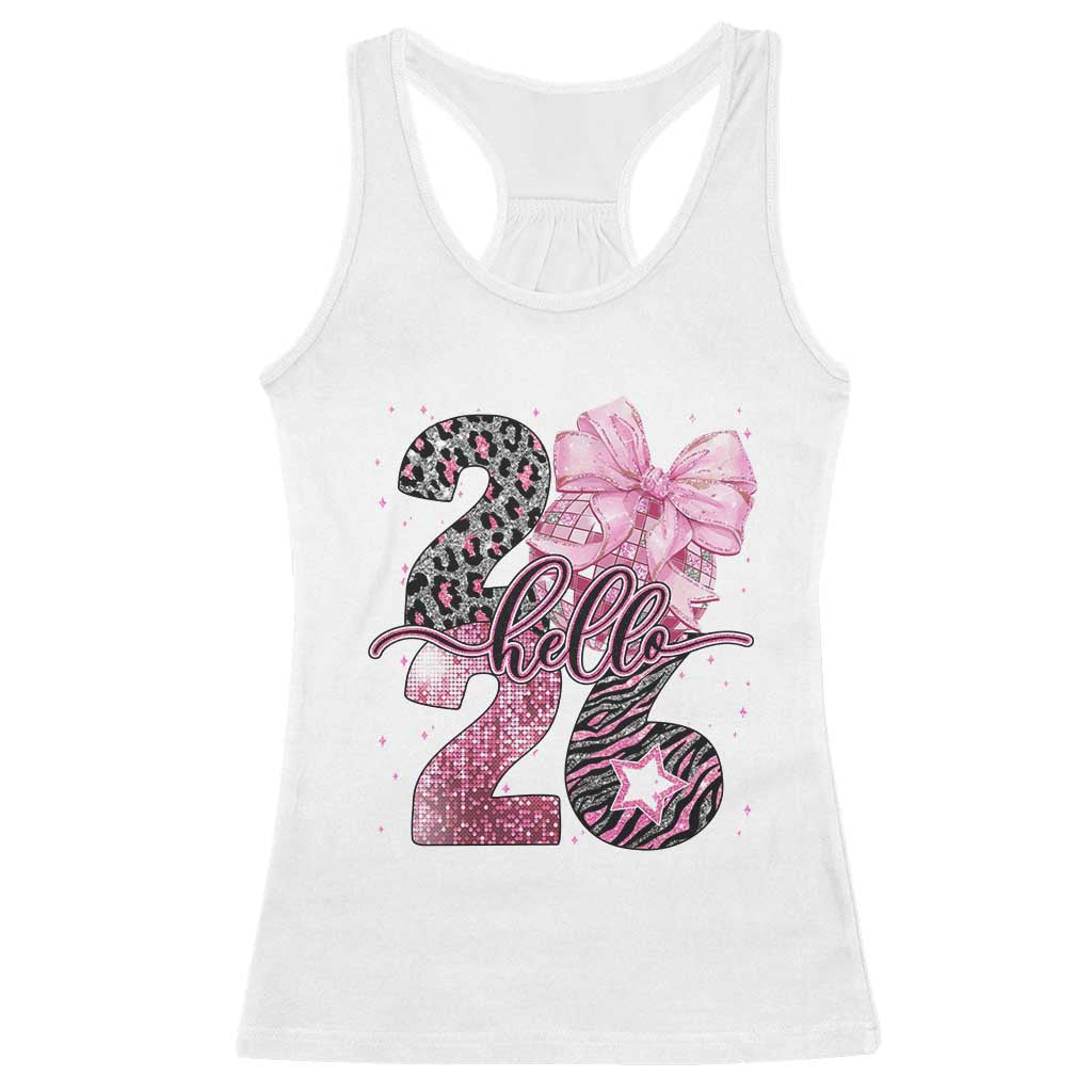 Happy New Year 2026 Racerback Tank Top Hello 2026 Disco Ball Pink Coquette Bow Faux Glitter TS11 White Print Your Wear