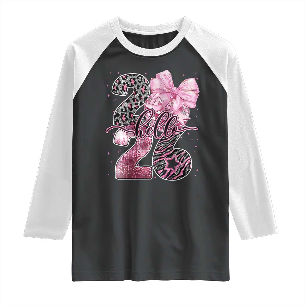 Happy New Year 2026 Raglan Shirt Hello 2026 Disco Ball Pink Coquette Bow Faux Glitter TS11 Black White Print Your Wear