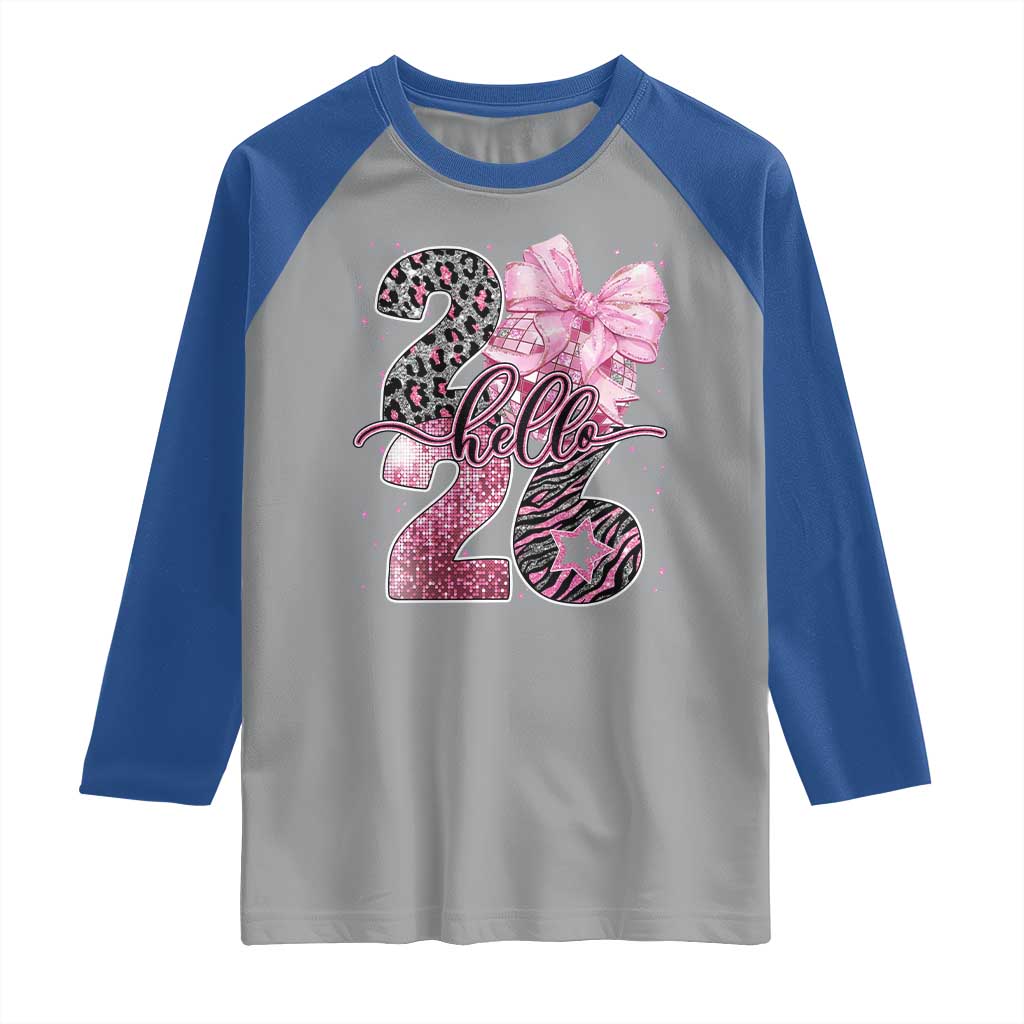 Happy New Year 2026 Raglan Shirt Hello 2026 Disco Ball Pink Coquette Bow Faux Glitter TS11 Sport Gray Royal Print Your Wear