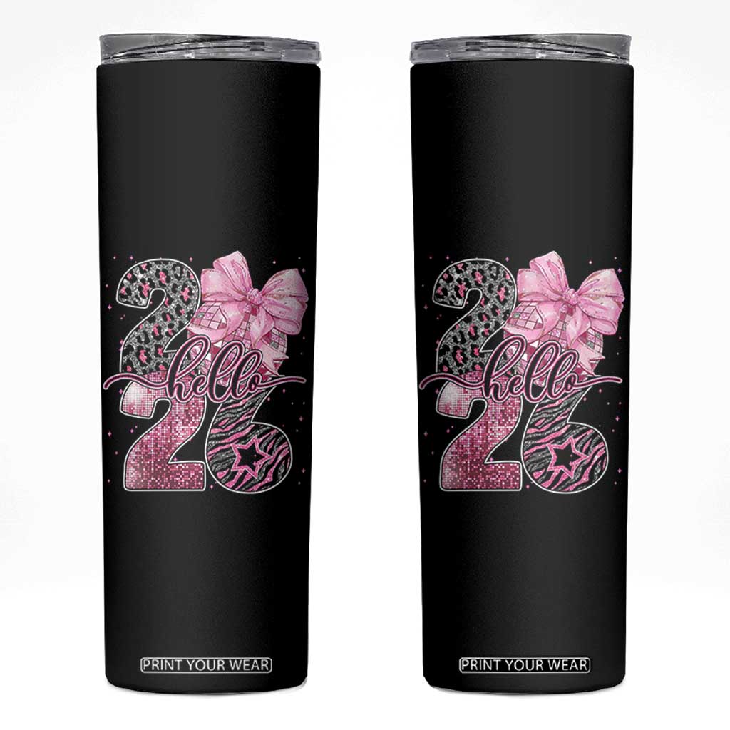 Happy New Year 2026 Skinny Tumbler Hello 2026 Disco Ball Pink Coquette Bow Faux Glitter TS11 Black Print Your Wear