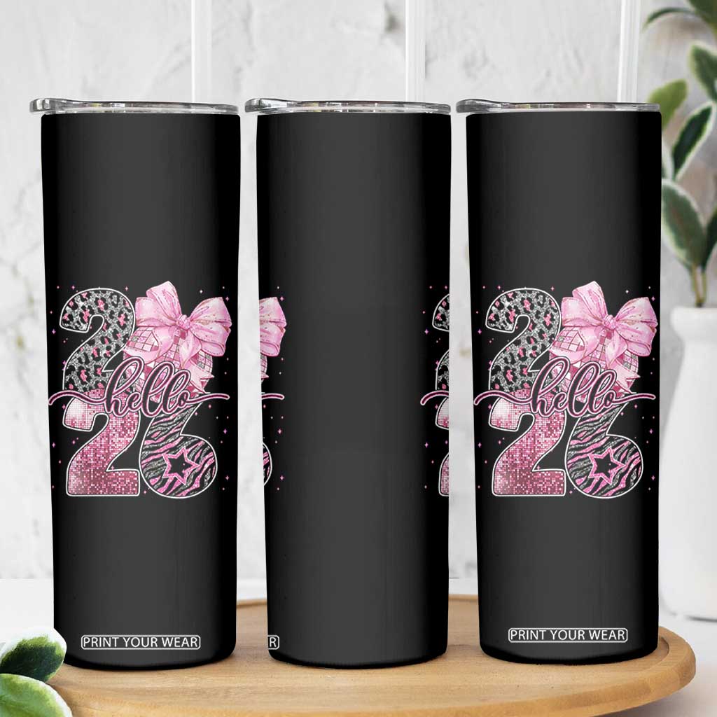 Happy New Year 2026 Skinny Tumbler Hello 2026 Disco Ball Pink Coquette Bow Faux Glitter TS11 Print Your Wear