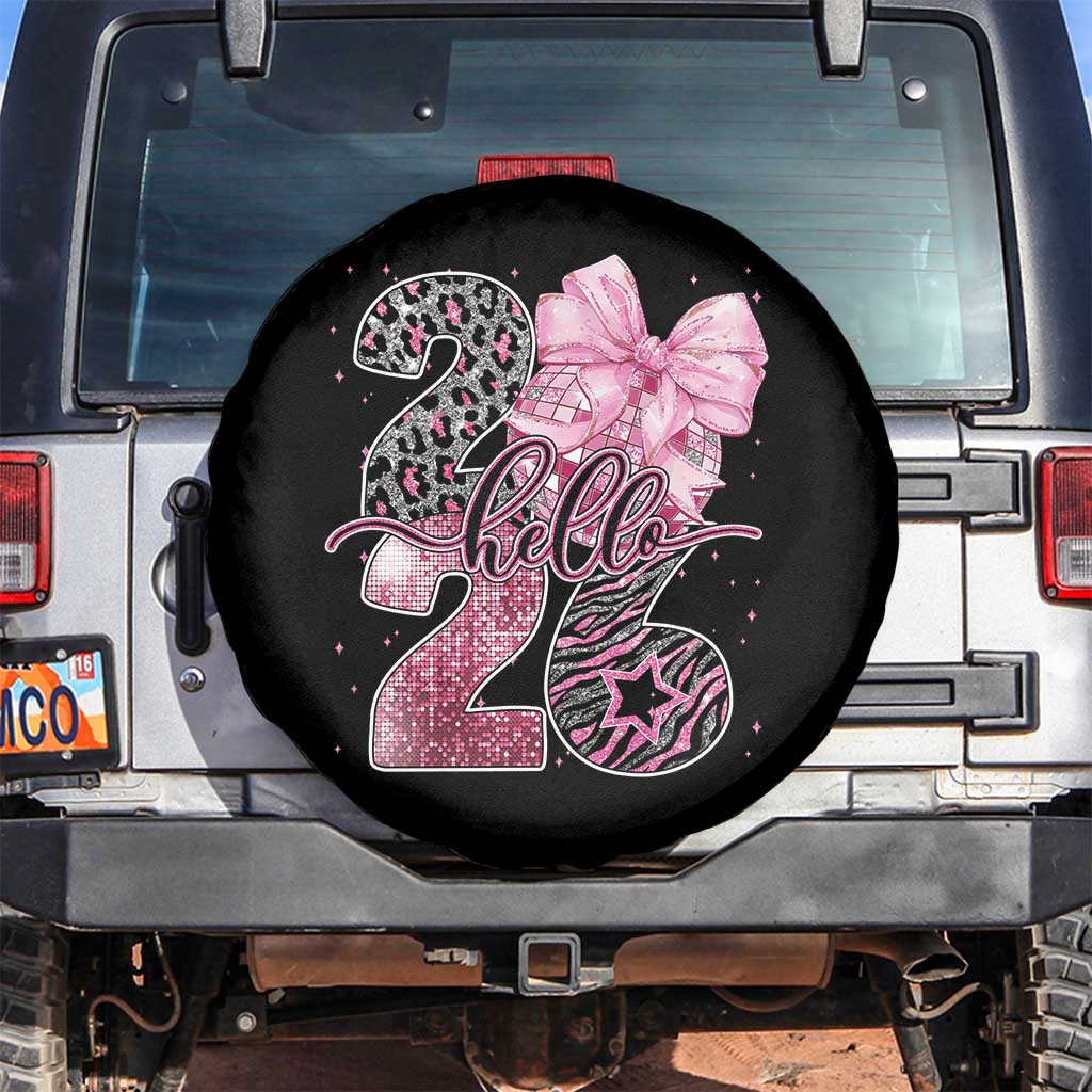 Happy New Year 2026 Spare Tire Cover Hello 2026 Disco Ball Pink Coquette Bow Faux Glitter TS11 No hole Black Print Your Wear