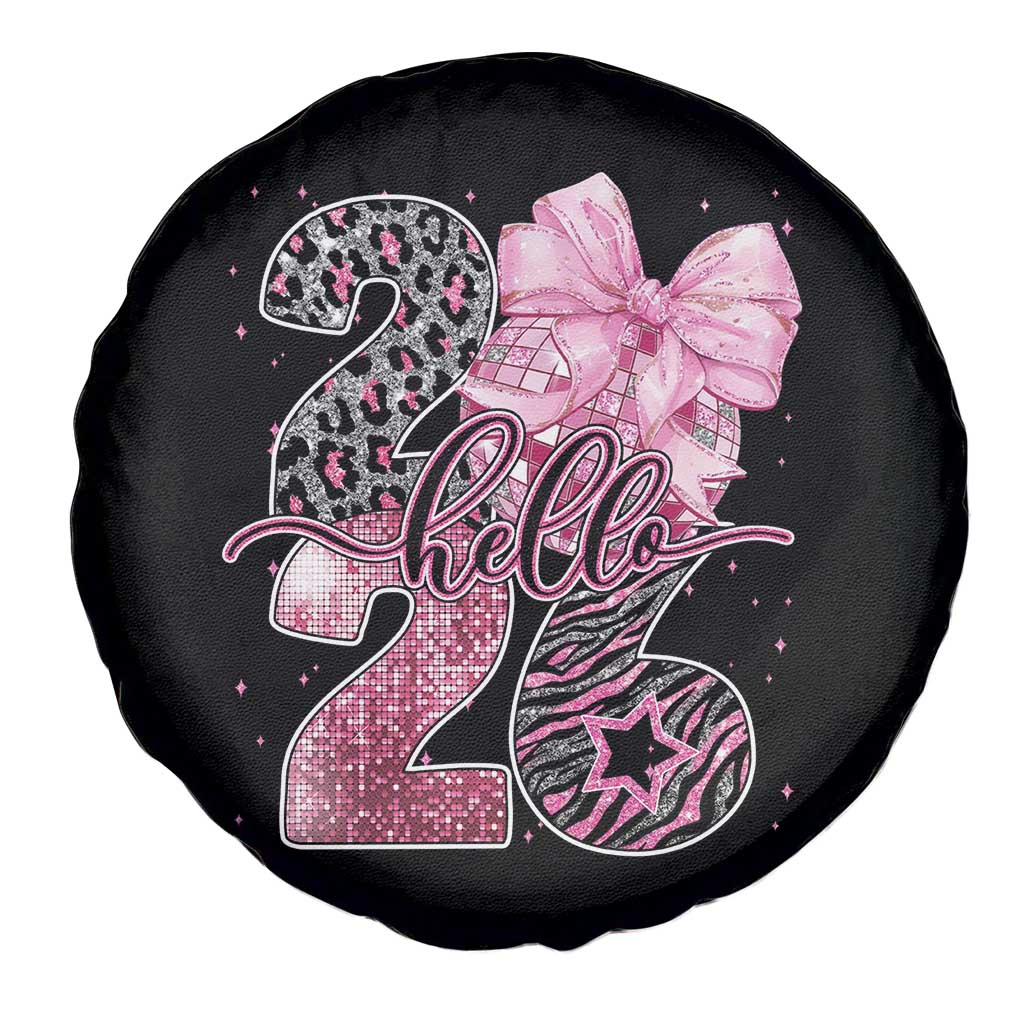 Happy New Year 2026 Spare Tire Cover Hello 2026 Disco Ball Pink Coquette Bow Faux Glitter TS11 Print Your Wear
