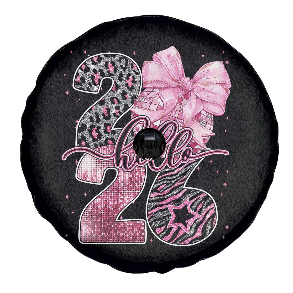 Happy New Year 2026 Spare Tire Cover Hello 2026 Disco Ball Pink Coquette Bow Faux Glitter TS11 Print Your Wear