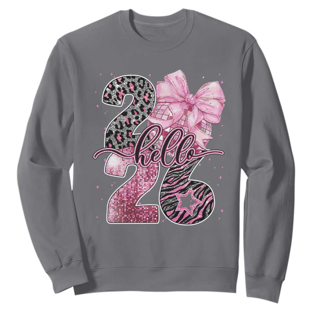 Happy New Year 2026 Sweatshirt Hello 2026 Disco Ball Pink Coquette Bow Faux Glitter TS11 Charcoal Print Your Wear