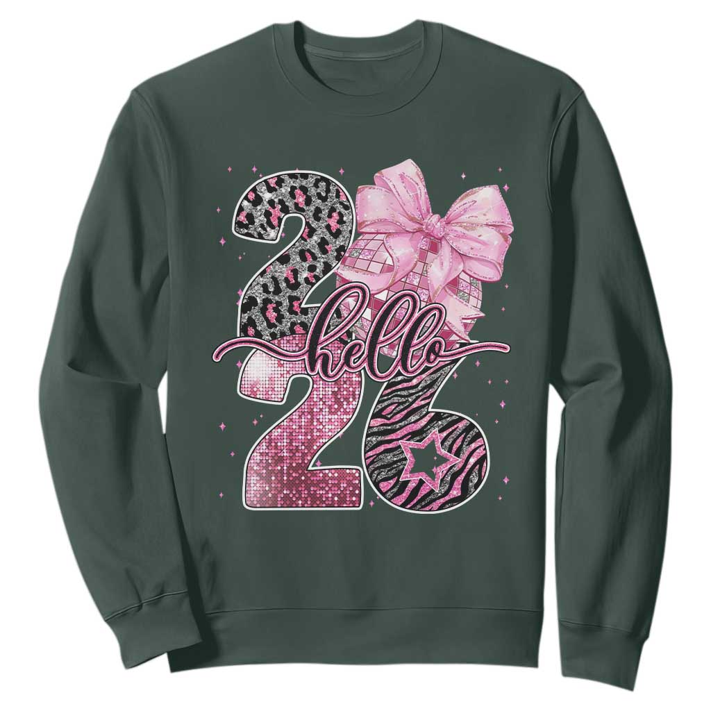 Happy New Year 2026 Sweatshirt Hello 2026 Disco Ball Pink Coquette Bow Faux Glitter TS11 Dark Forest Green Print Your Wear