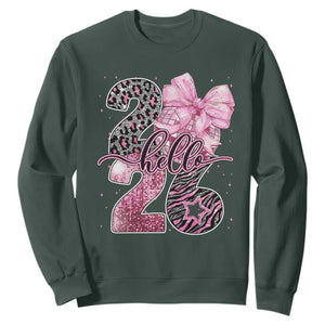Happy New Year 2026 Sweatshirt Hello 2026 Disco Ball Pink Coquette Bow Faux Glitter TS11 Dark Forest Green Print Your Wear