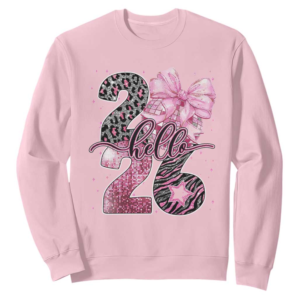 Happy New Year 2026 Sweatshirt Hello 2026 Disco Ball Pink Coquette Bow Faux Glitter TS11 Light Pink Print Your Wear