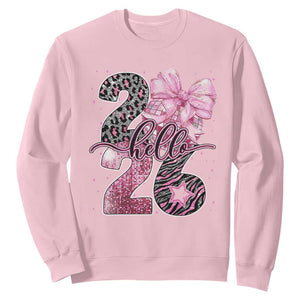 Happy New Year 2026 Sweatshirt Hello 2026 Disco Ball Pink Coquette Bow Faux Glitter TS11 Light Pink Print Your Wear